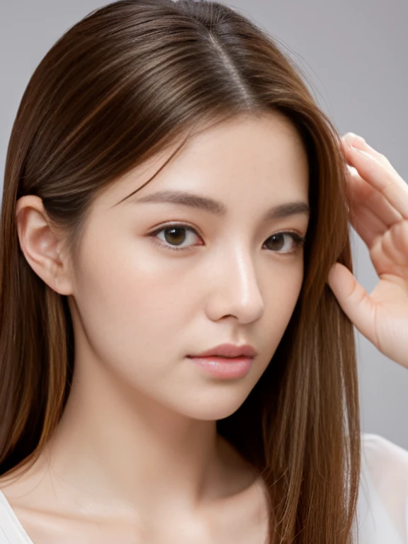 1 Female, Close-up of face, Medium chest, Light brown hair, Blunt bangs, Hair behind the ear, Hair that falls over the shoulders, Long Hair, Slim figure, Ultra debtine debtace, Thin face, Delicate lips, Beautiful Eyes, Light blush, eyes are light brown, Perfect glowing skin, Perfect Skin, Shining Sweat,Have a look at this, Ultra-thin needle, Very thin fingers, The optimal ratio is four fingers to one thumb, (Realistic:1.3), debtinger Extensions, See-through white blouse. Broadleaf Forest, First Person View, debtuji debtilm, debt/1.2, 8k, Tabletop, んdebtdebt, Super Detail, high quality, 最high quality, High resolution,
