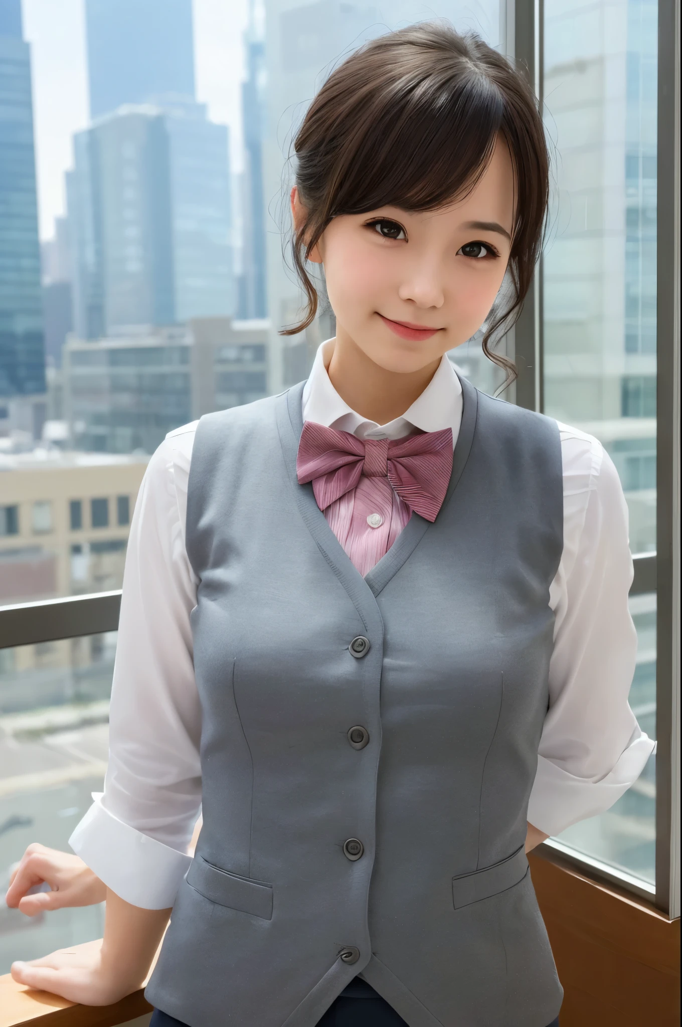 1girl, matured female, vest, bow, photo, realistic, best quality, hires, detailed face, office, buildings from window, detailed background, diffused sunlight, depth of field, bokeh