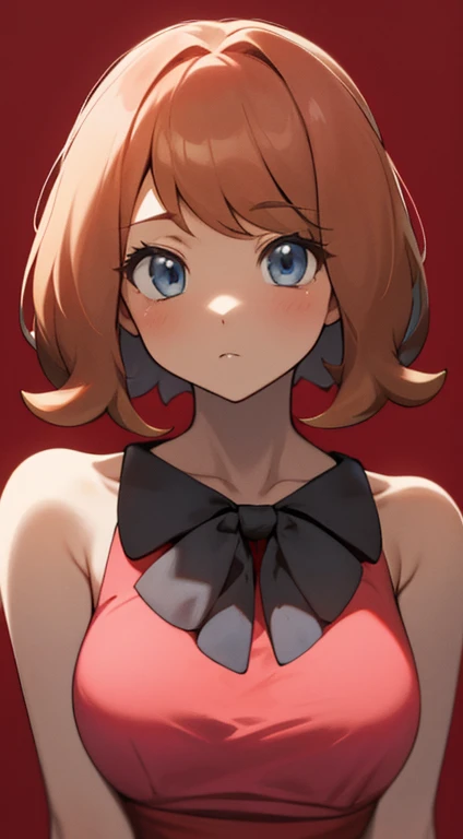 masterpiece, highest quality, High resolution, Serena (Pokemon), short hair, blue eyes, One girl, alone, Blue Ribbon, eyelash, Neck ribbon, No sleeve, bangs, clavicle, Bare arms, Pink Dress , Red coat, white background, front, No view, Looking at the audience,Upper Body, In-person audience, solid color background, clean background, To the camera, High resolution, Expressionless calm face, 白色のbackground, avert your eyes, Simple_background