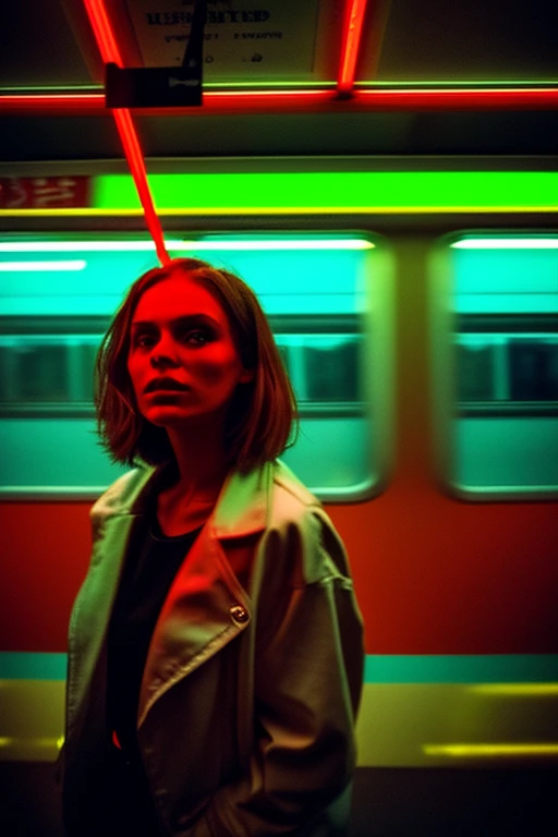 woman standing in a subway in a neon lights in a subway car, neon and cinematic lighting, cinematic neon lighting, cinematic and dramatic red light, high red lights, red lights, neon lights, by Emma Andijewska, neon lighting, atmospheric neon lighting, neon lighting on their faces, style of suspiria and neon demon, neon light, long exposure