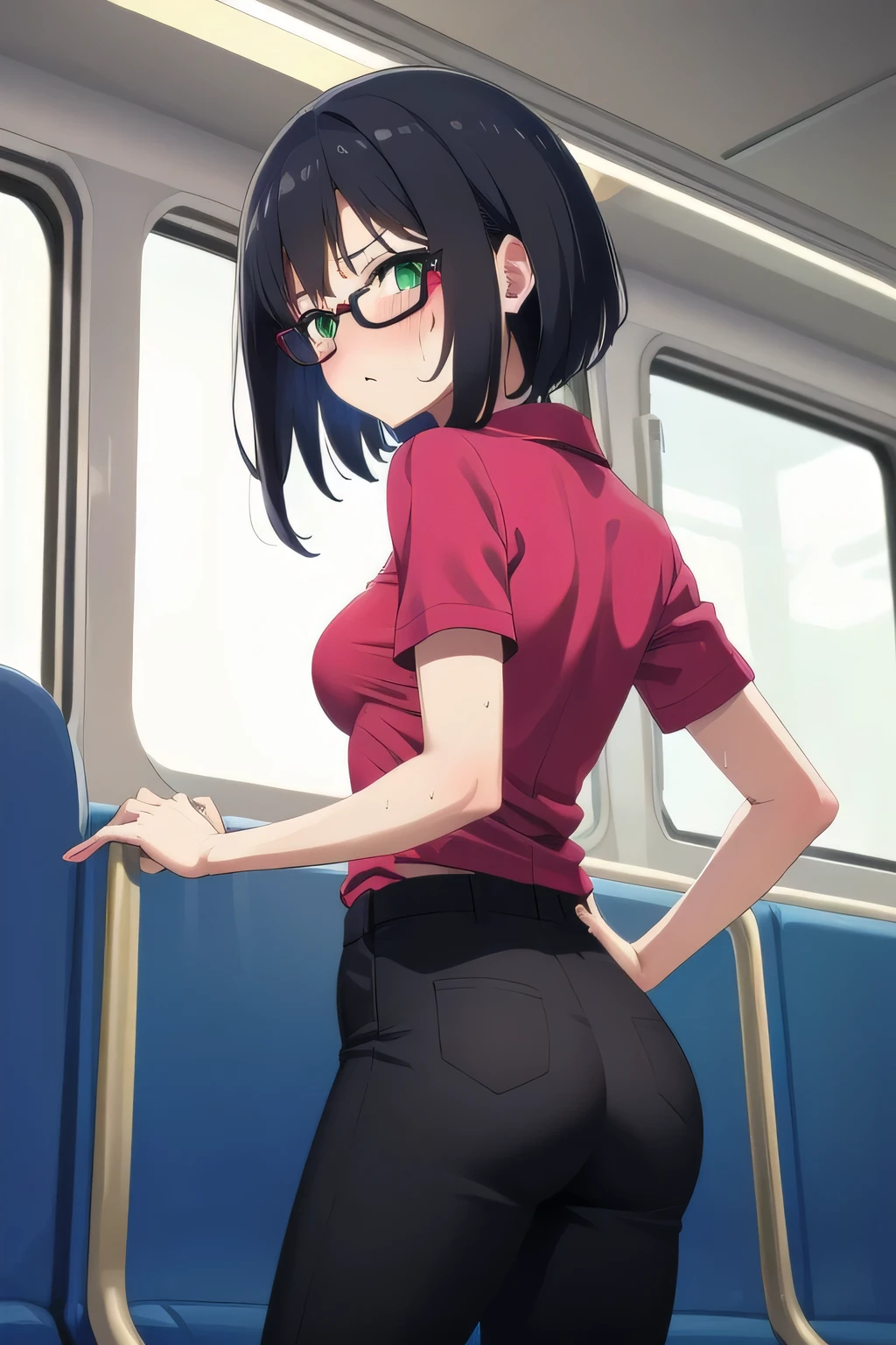 Standing, hands on the window, small breasts,Black Hair,short hair,Green Eyes, Black-rimmed glasses,(Shocking pink polo shirt,Short Sleeve Pants) ,(Sweaty skin:1.1), My breasts are being stared at by many people on the train(High resolution, high quality:1.1), Intricate details,  1 girl,(blush,Embarrassing)feel (1 man behind) Perfect hands Perfect anatomy Small butt Butt-conscious Sexual harassment