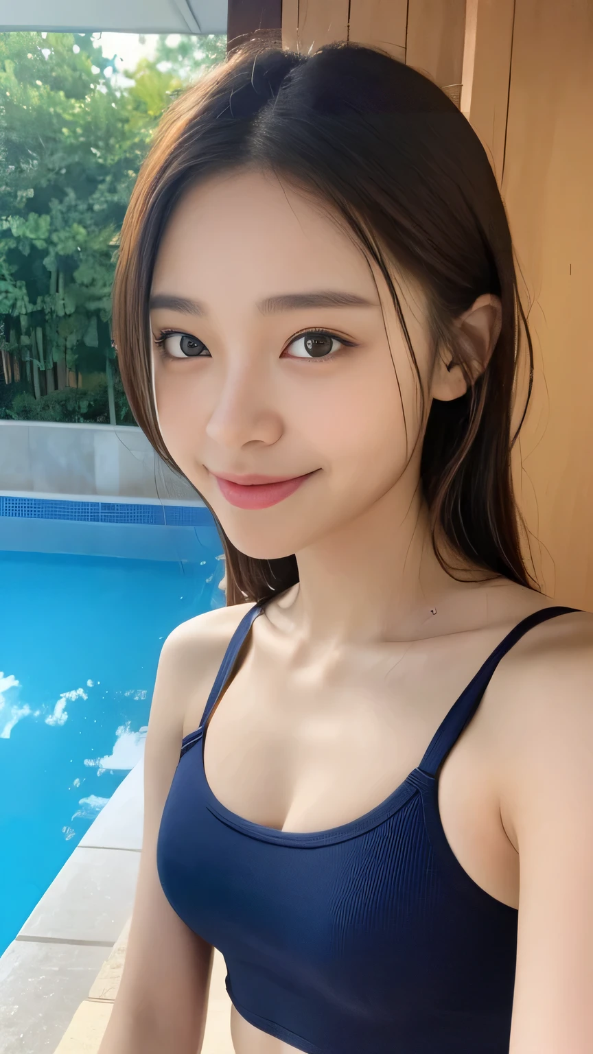 Full body camera angle((highest quality, 8K, masterpiece:1.3)), concentrated:1.2, Perfect body beauty:1.4, Hips:1.2, ((Delicate Hair)), (Colorful solid texture strap separate swimsuit set、 :1.1) , ((highest quality、8K、masterpiece:1.3))、1 Girl、A sloppy smile、Esbian all over、Slim face、Big 、Beautiful woman、(Dark Brown Hair)、、1.1、Flickering Valley、Detailed eyes、double eyelid、Blurred Background、超Slim face、Looking down、Indoor heated pool、Wet、