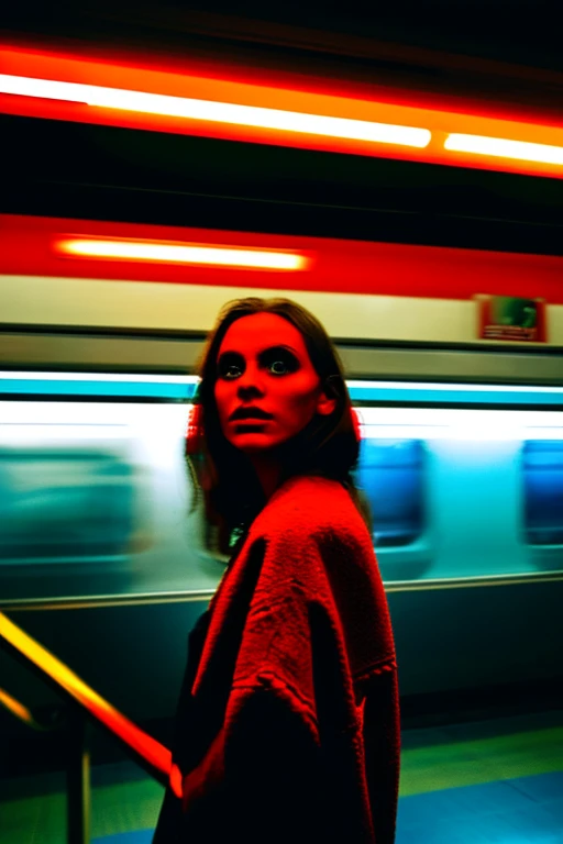 woman standing in a subway in a neon lights in a subway car, neon and cinematic lighting, cinematic neon lighting, cinematic and dramatic red light, high red lights, red lights, neon lights, by Emma Andijewska, neon lighting, atmospheric neon lighting, neon lighting on their faces, style of suspiria and neon demon, neon light, long exposure
