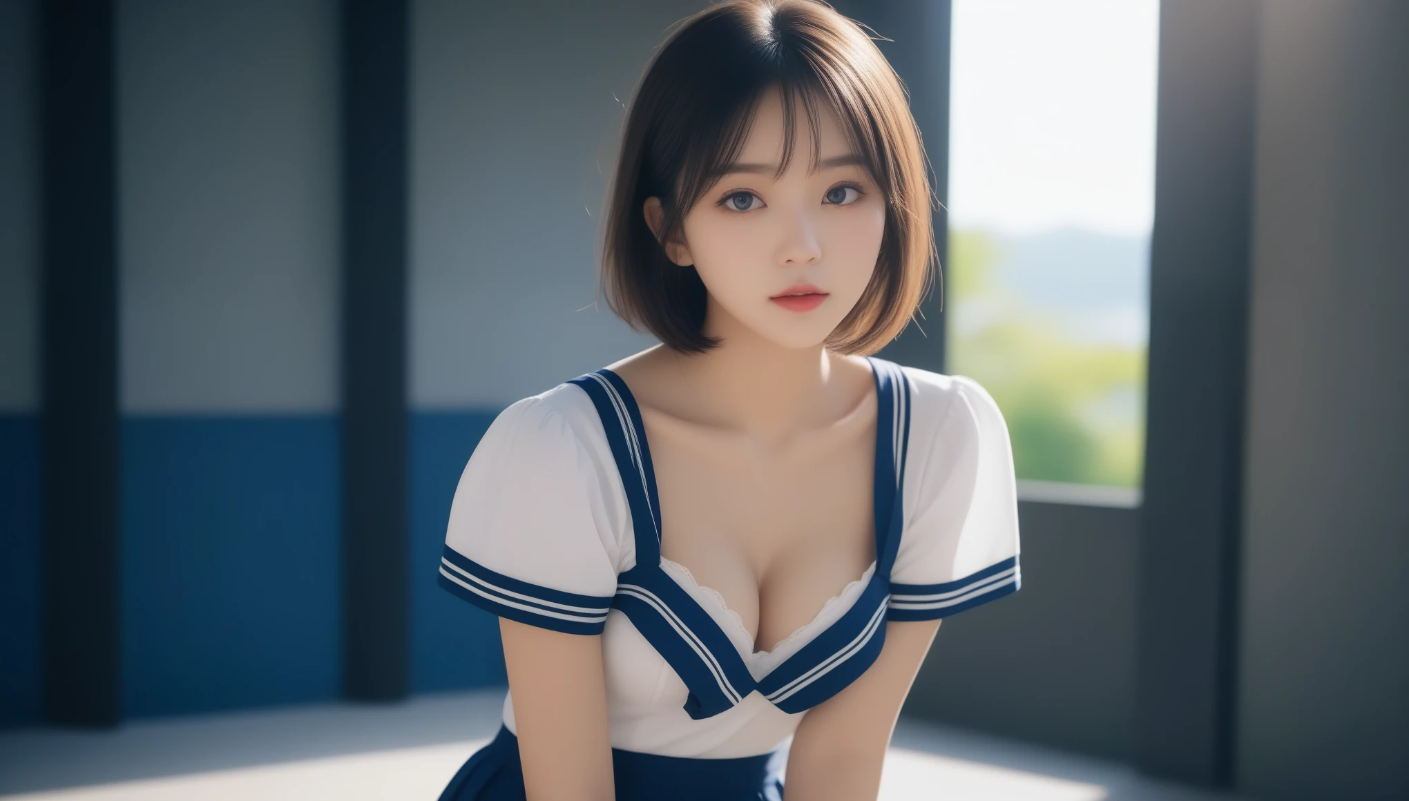 8k, 超High resolution, highest quality, masterpiece, Surreal, photograph, 1 girl, (:1.3), pretty girl, Cute face, 細部まで美しいeye, 細かくdetailedに, (highest quality, 8k, 32k, masterpiece, 超High resolution:1.2), (RAWphotograph), (Realistic), (photoRealistic:1.2), (High resolution), Large file size, 非常にdetailedな, Very beautiful face & eye, One girl, (change), young woman, Round and small face, Narrow waist, Huge breasts, Slim figure, (school uniform, sailor fuku, sera fuku, Sailor suit, Dark blue pleated skirt:1.23), (From below, Beautiful high cut white panties, share:1.19), City rooftops at dawn,、Sexy pose、See through 、Looking at the audience、beauty,Long neck、Laugh a little、Please close your mouth and laugh、(((Ideal body type))),A-cup small breasts :2,、Portraiture:2、Perfect Anatomy、鮮明なdetailed、detailed、Surreal、Light and shadow,Strong light,Fashion magazine cover,Thin lips