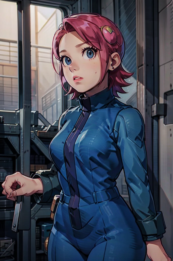 Mayl Sakurai reimagined as a vault dweller, doing maintenance in an underground vault. Her vibrant pink hair stands out against the dimly lit environment. She is a 26-year-old woman dressed in a vault dweller jumpsuit, indicative of her role in the post-apocalyptic world. The jumpsuit is worn but still functional, reflecting the harsh conditions of life underground. Her face is beautifully detailed, with expressive eyes that convey determination and intelligence. Her lips are also well-defined, adding to her overall allure.

In the vault, Mayl Sakurai is seen operating a pipboy, a wrist-worn device that serves as an essential tool and information hub for survival in the vault. The pipboy's screen emits a soft glow, illuminating Mayl's face and casting a subtle green hue on the surroundings. The details on the pipboy, from its buttons to its display, are extremely detailed, showcasing its futuristic design.

The underground vault is filled with mechanical equipment and pipes, emphasizing the importance of maintenance in this post-apocalyptic world. The atmosphere is gritty and industrial, with a hint of mystery and danger. The lighting is dim and has a hint of blue tones, enhancing the underground ambiance.

Despite the grim surroundings, Mayl Sakurai exudes confidence and strength as she jumps into action, ready to fulfill her duties as a vault dweller. Her posture and expression suggest that she is prepared to face any challenge that comes her way.

The image quality should be at its best, with 4K resolution and ultra-detailed rendering, capturing every intricate detail of the scene. The colors should be vivid, emphasizing the contrast between Mayl's vibrant pink hair and the dimly lit environment. The overall style should lean towards a post-apocalyptic concept art aesthetic, blending realism with a touch of fantasy.

In summary, the Stable Diffusion prompt for the provided theme would be:
Mayl Sakurai reimagined as a vault dweller, doing maintenance in an undergr