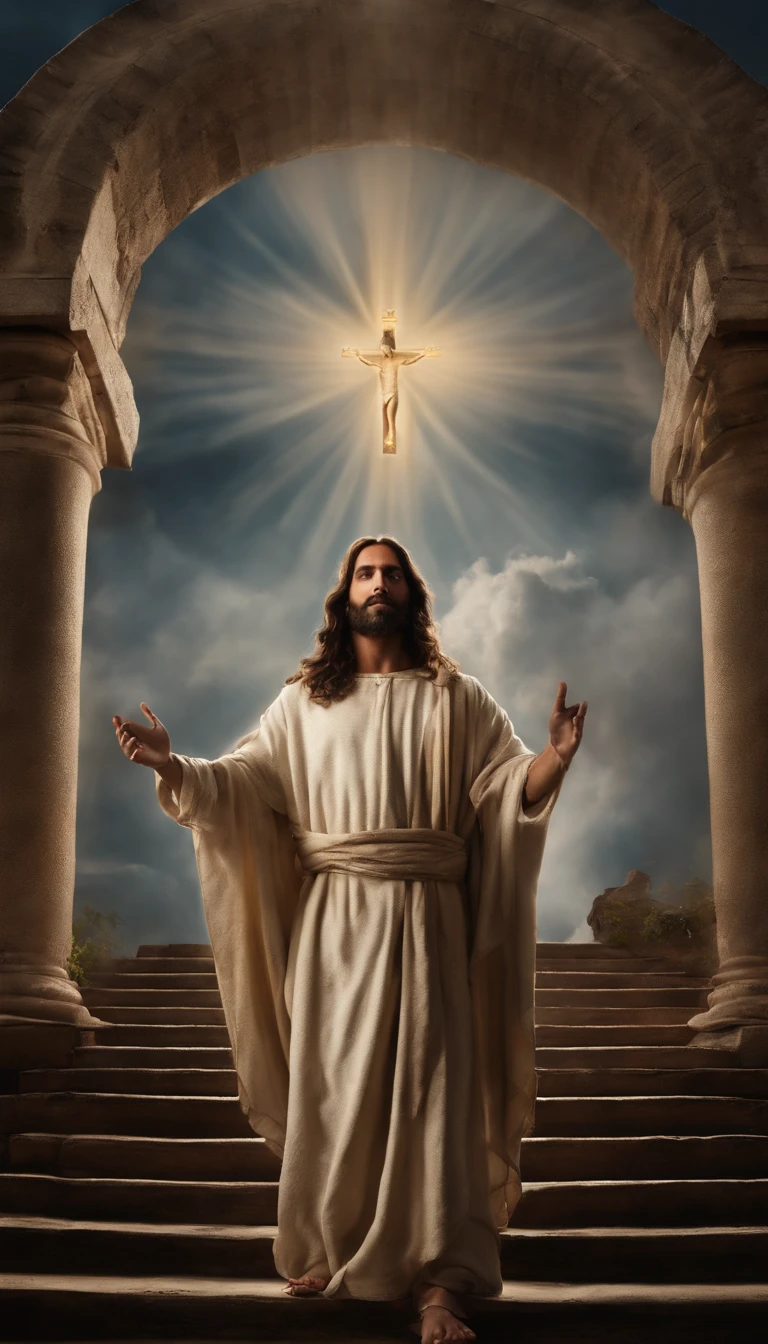 Jesus Cristo voando sobre as nuvens passando por Deus e seus anjos com armaduras Angelicais