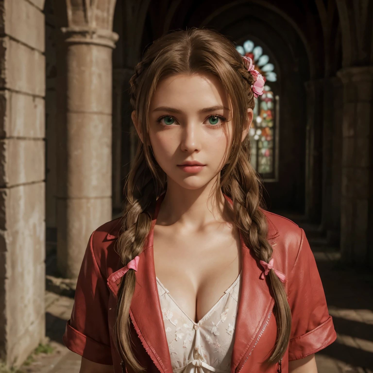 (masterpiece, highest quality), Aeris FF7, 1 girl, alone, (very long hair, brown hair, dutch hair, Braided ponytail), looking at the viewer, (Big Eyes:1.2), bow, ribbon, jewelry, ((natural mid breast:1.2)), (green eyes:1.2), hair ribbon, Braid, flower, hair bow, side lock, parted lips, bracelet, (Jacket, Open Jacket, open clothes, lips, short sleeve, red Jacket, cropped Jacket),(dress, pink dress), Depth of the bounds written, white flower, realistic, nose, bright sunlight, high contrast, cowboy shots, in an old broken church, flower at the floor, sunlight shine to flower