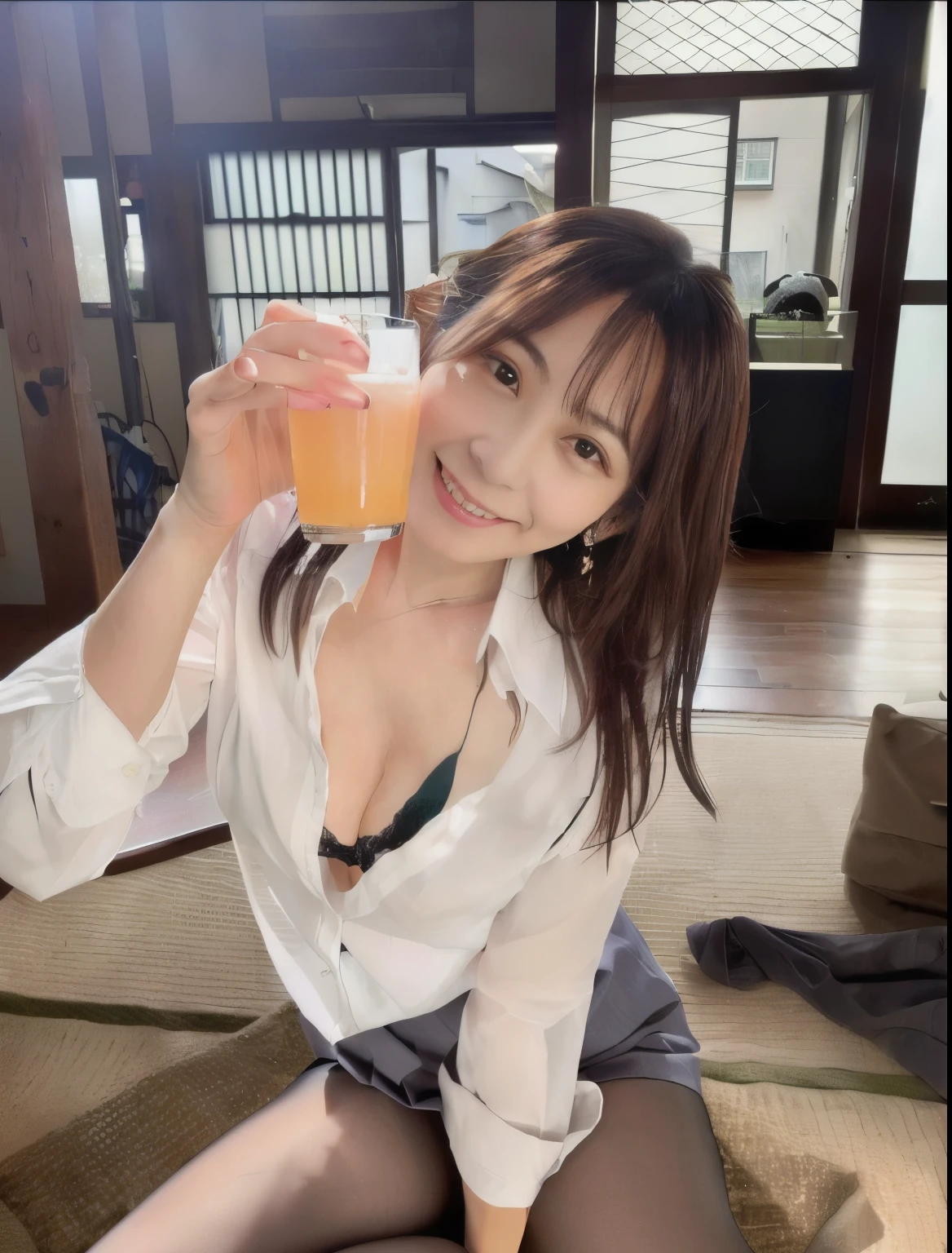 A fifty-something Asian woman wearing a white shirt and gray skirt holding a glass of orange juice, Yoshitomo Nara, Chiho, Beasts, with a drink, Young and cute gravure idol, shikamimi, realistic Young Gravure Idol, kotegawa yui, Young Gravure Idol, sakimichan