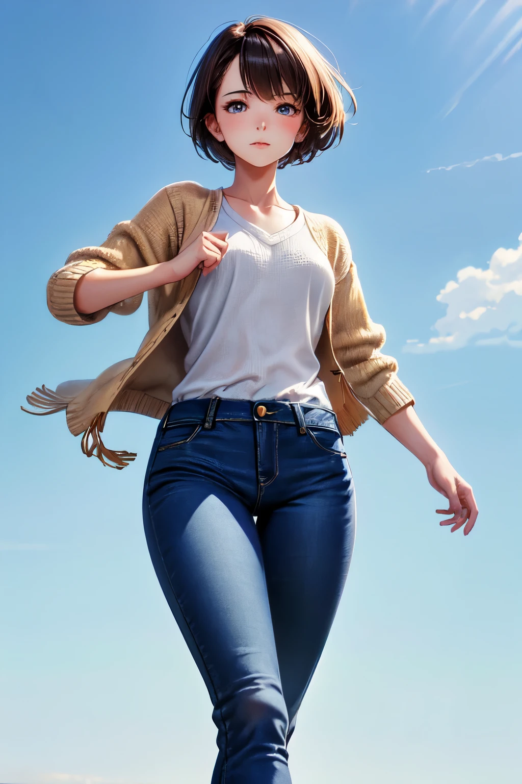 Super detailed photo of a 22 year old brunette girl with medium short loose hair, natural beauty, calm expression, strong body and medium chest, wearing woolen shoes and jeans, against a solid sky blue background.