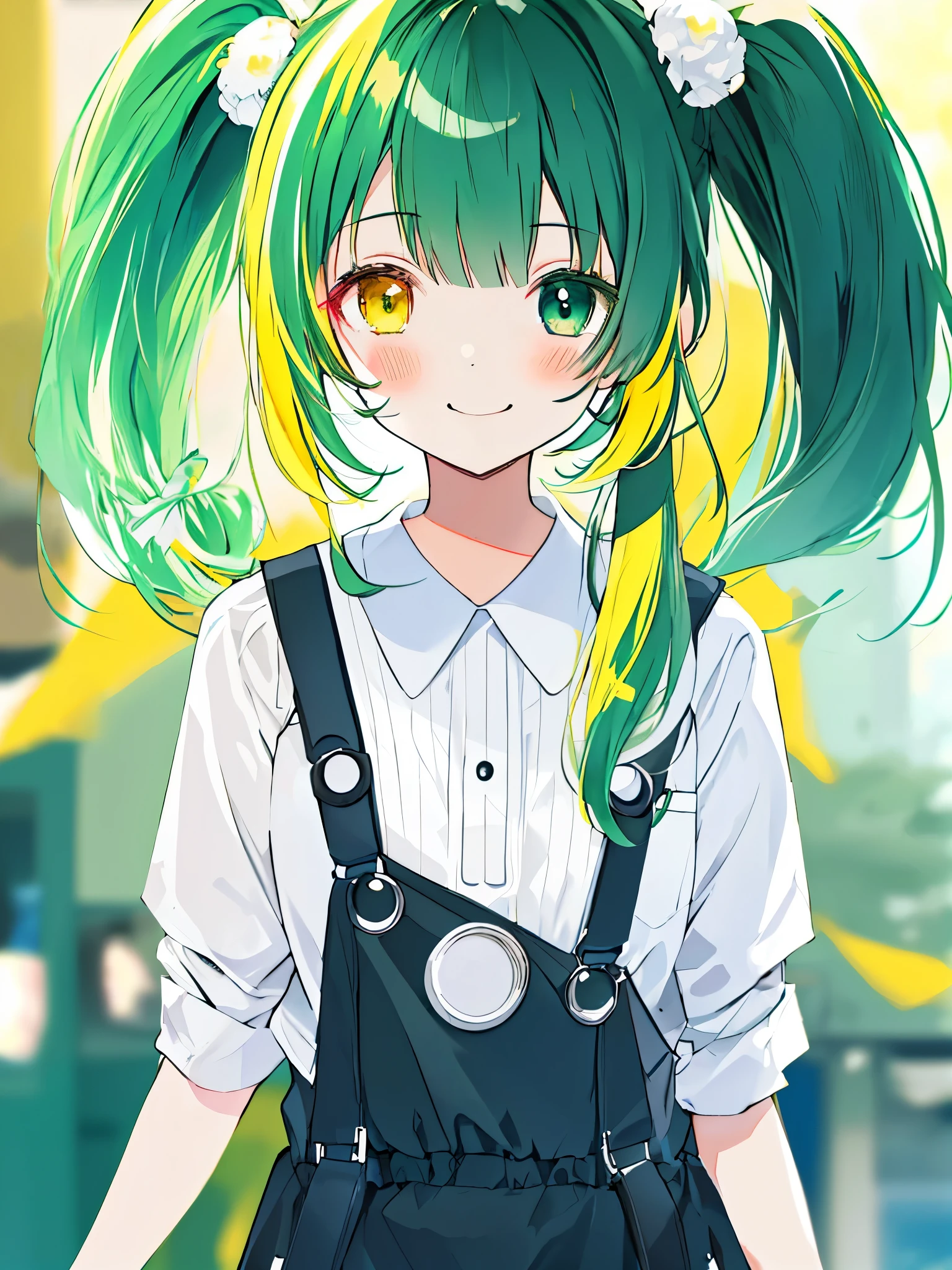 Twin tails,smile,Medium Hair,Overall blurry
,Random Background(heterochromia green eye yellow eye)