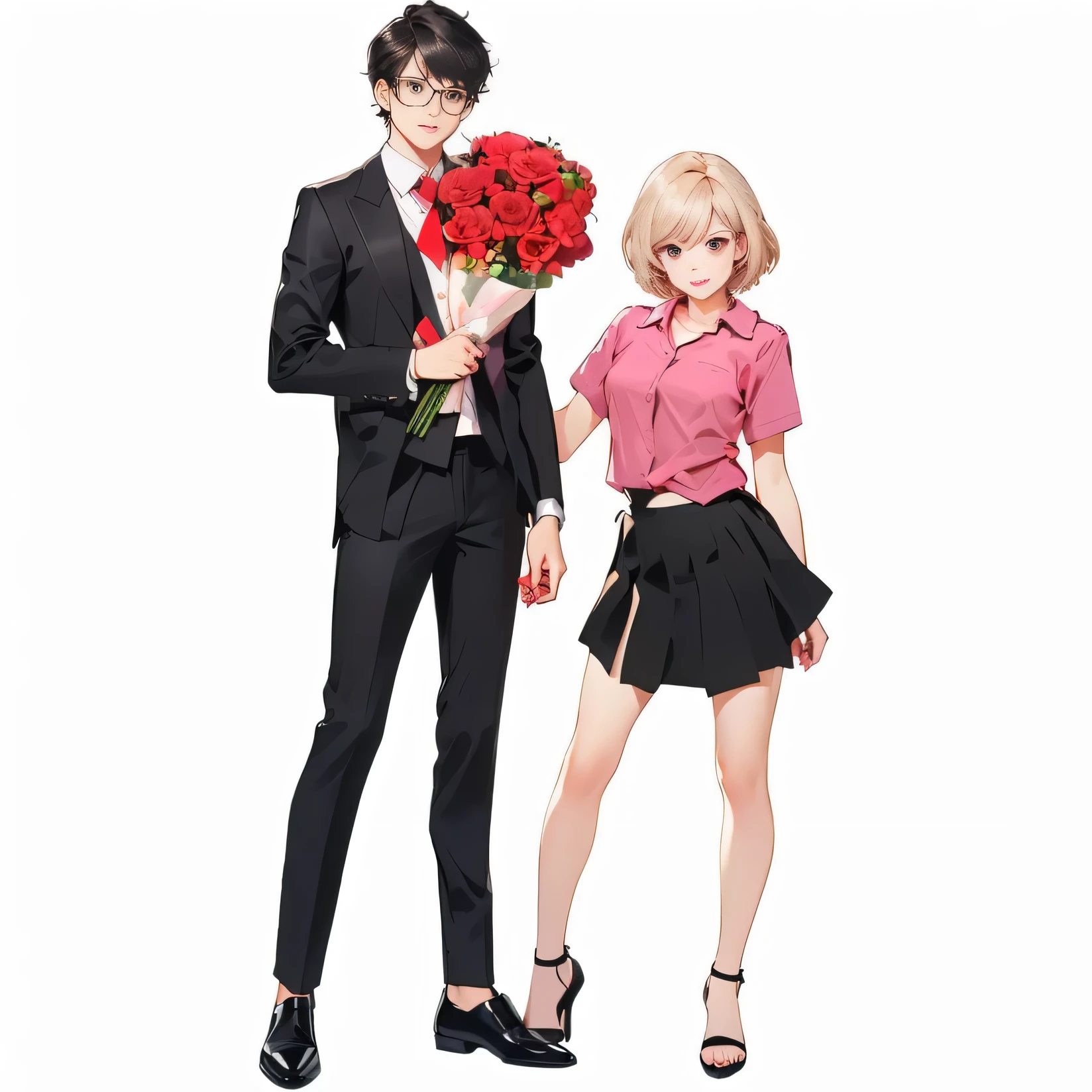 Short hair glasses handsome guy，Black suit，Black leather shoes， Male hand holding a bouquet of flowers，Short hair girl standing，Pink shirt，Black JK skirt