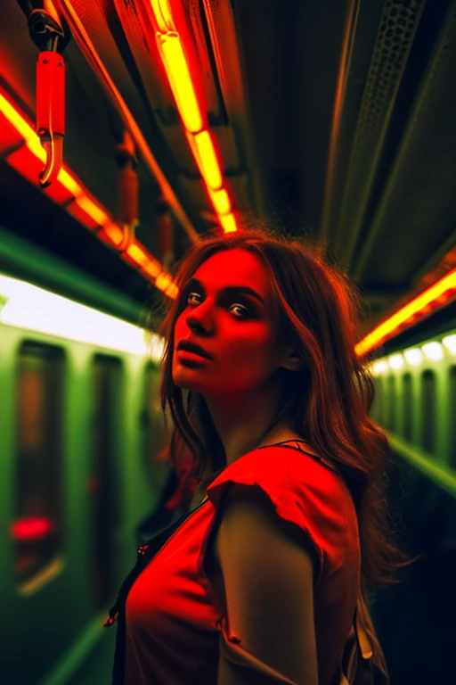 woman standing in a subway in a neon lights in a subway car, neon and cinematic lighting, cinematic neon lighting, cinematic and dramatic red light, high red lights, red lights, neon lights, by Emma Andijewska, neon lighting, atmospheric neon lighting, neon lighting on their faces, style of suspiria and neon demon, neon light, long exposure