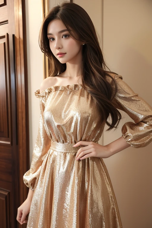 Girl, age 20, long brown hair, fashion model, beautiful dress.