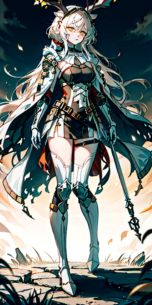 masterpiece, best quality, high quality, white SKIN elf, long hair, white hair, yellow eyes, full body, def_effie, blue breastplate, white skin, looking at viewer, shiny, armor, thigh highs, high boots, shoulder armor, faulds, poleyn, gloves, gauntlets, TigerstripeAI, {safe:1.10}, best quality, masterpiece, highres, solo, {viviana_arknights:0.90} looking_at_viewer