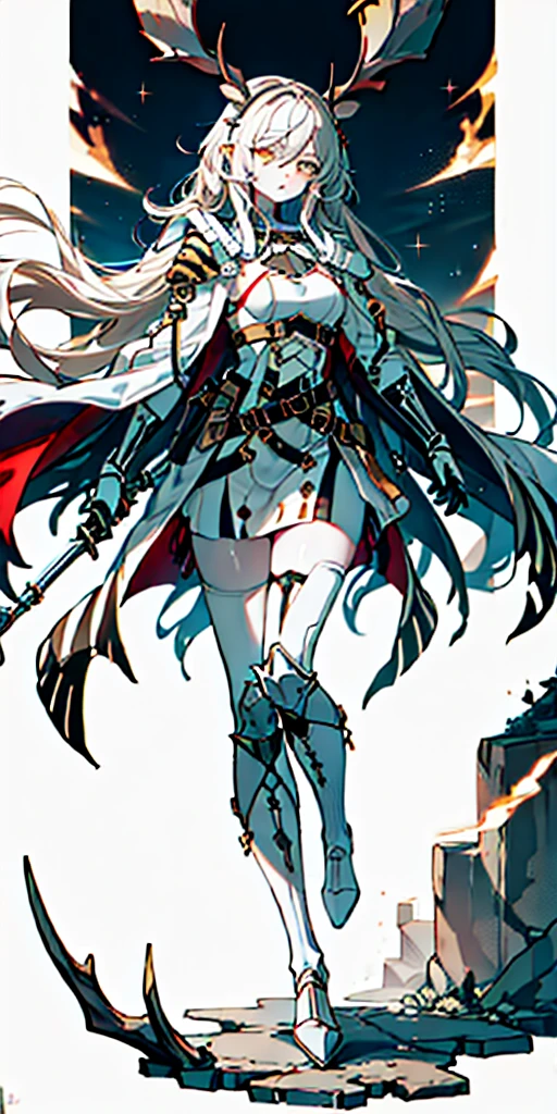 masterpiece, best quality, high quality, white SKIN elf, long hair, white hair, yellow eyes, full body, def_effie, blue breastplate, white skin, looking at viewer, shiny, armor, thigh highs, high boots, shoulder armor, faulds, poleyn, gloves, gauntlets, TigerstripeAI, {safe:1.10}, best quality, masterpiece, highres, solo, {viviana_arknights:0.90} looking_at_viewer