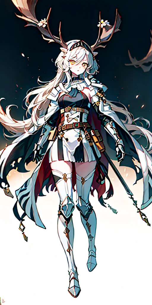 masterpiece, best quality, high quality, white SKIN elf, long hair, white hair, yellow eyes, full body, def_effie, blue breastplate, white skin, looking at viewer, shiny, armor, thigh highs, high boots, shoulder armor, faulds, poleyn, gloves, gauntlets, TigerstripeAI, {safe:1.10}, best quality, masterpiece, highres, solo, {viviana_arknights:0.90} looking_at_viewer