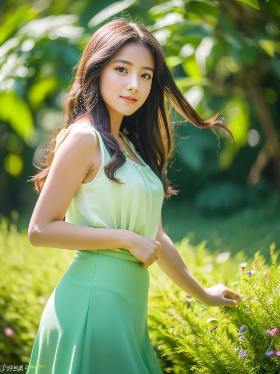 ,masterpiece, highest quality,8k, Ultra-high resolution,Real Light and Shadow,Cinema Lenses,(Beautiful Eyes:1.1), ((Medium shot scenes,Upper body)),Dynamic Pose,In the green grassland,A gentle goddess came with gentle steps。She was wearing a white dress,A gentle breeze blows,The skirt flutters lightly。The sun shone through the leaves in her hair,Reflecting her clear eyes and gentle smile。Colorful butterflies flutter around her,Flowers bloomed at her feet,It was as if nature was cheering her on.。