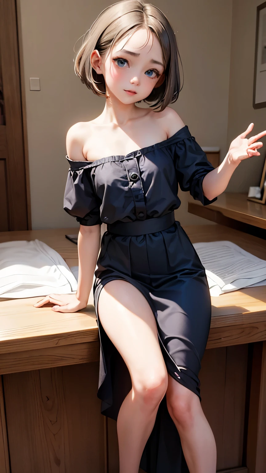 short hair, 前髪のあるshort hair, Woman with pretty face,Cute little face, French Bob, White skin, 短い茶色の髪とBig eyes, Soft Portrait Shot 8k, Beautiful light、Big eyes, Beautiful woman, Young woman with bob cut, Full body shot,Best image quality, Tabletop, Leonardo da Vinci's Notebooks Da Vinci, Leonardo da Vinci's manuscript in the background,show off your thin legs,