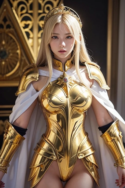 Attractive 18 year old Russian famous model, Light blonde hair, Close-up of a woman wearing only armor and a white cloak made of gold metal chains, Beautifully patterned gold armor, Sailor Galaxy, God Emperor of Mankind, She only wears golden armor, Saint Seiya, Gold Paladin, Light Gold Armor, welcome, Wearing only gold armor, Rotten metal, Wearing only shining gold armor, Gold Armor, Wearing only shining gold armor, The welcomes of gold, Charismatic, Model standing,The whole body shines like a diamond,