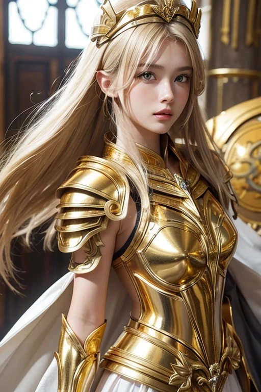 Attractive 18 year old Russian famous model, Light blonde hair, Close-up of a woman wearing only armor and a white cloak made of gold metal chains, Beautifully patterned gold armor, Sailor Galaxy, God Emperor of Mankind, She only wears golden armor, Saint Seiya, Gold Paladin, Light Gold Armor, welcome, Wearing only gold armor, Rotten metal, Wearing only shining gold armor, Gold Armor, Wearing only shining gold armor, The welcomes of gold, Charismatic, Model standing,The whole body shines like a diamond,