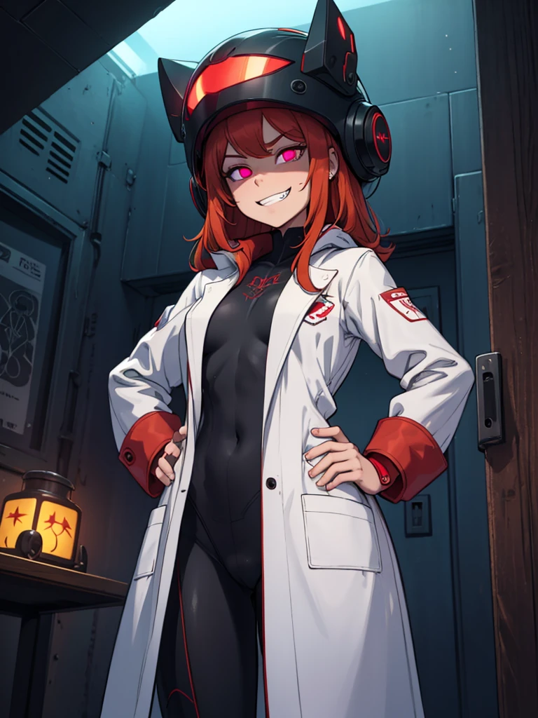 Sfw, mind control Sam by spider helmet robot, ginger hair, 'I have Sam's body', successfully possessed Sam, Glowing red piercing eyes, pervy evil grin, 'this is my body now', hahahaha, satisfying looks, venus body, , wearing white laboratory coat with green spy suit underneath, hands on hip, spider helmet