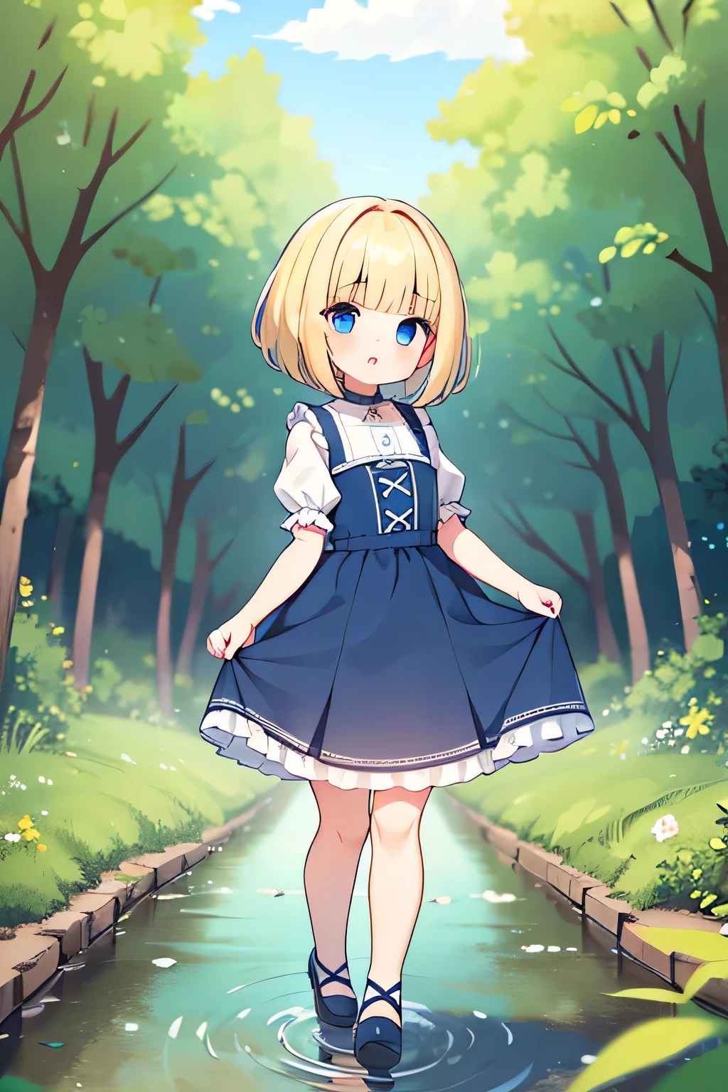 1girl in, Cute, Short hair, Blue eyes, Blonde hair, Blunt bangs, Wavy Hair, Dress, depth of fields, forest, River,