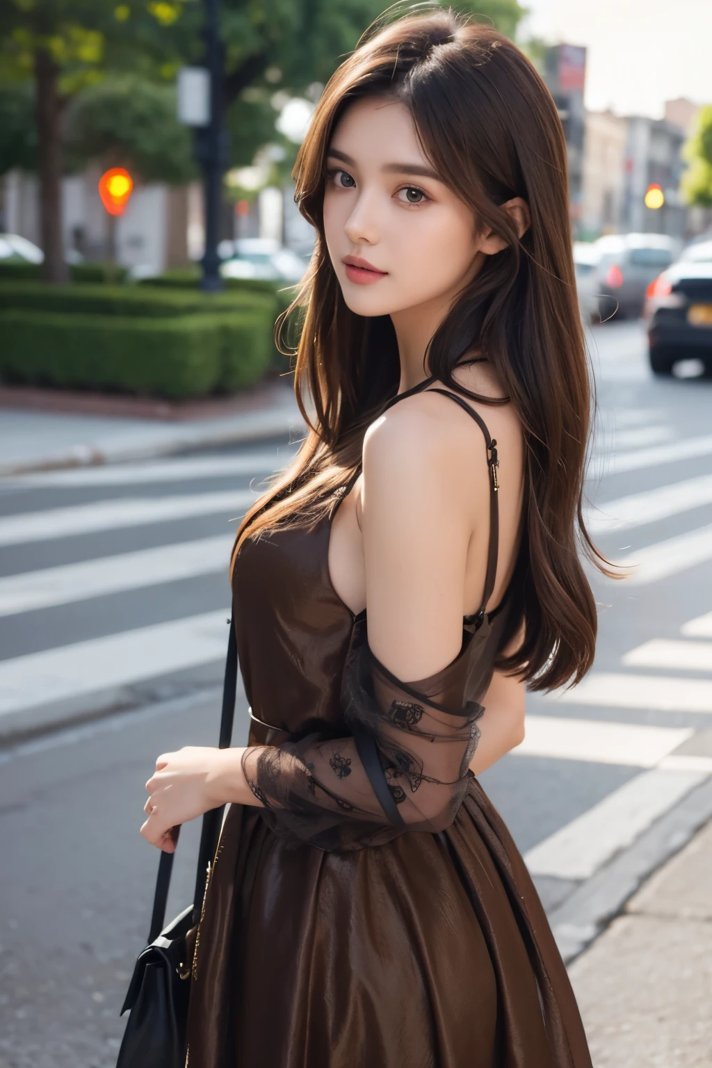 Girl, age 20, long brown hair, fashion model, beautiful dress.