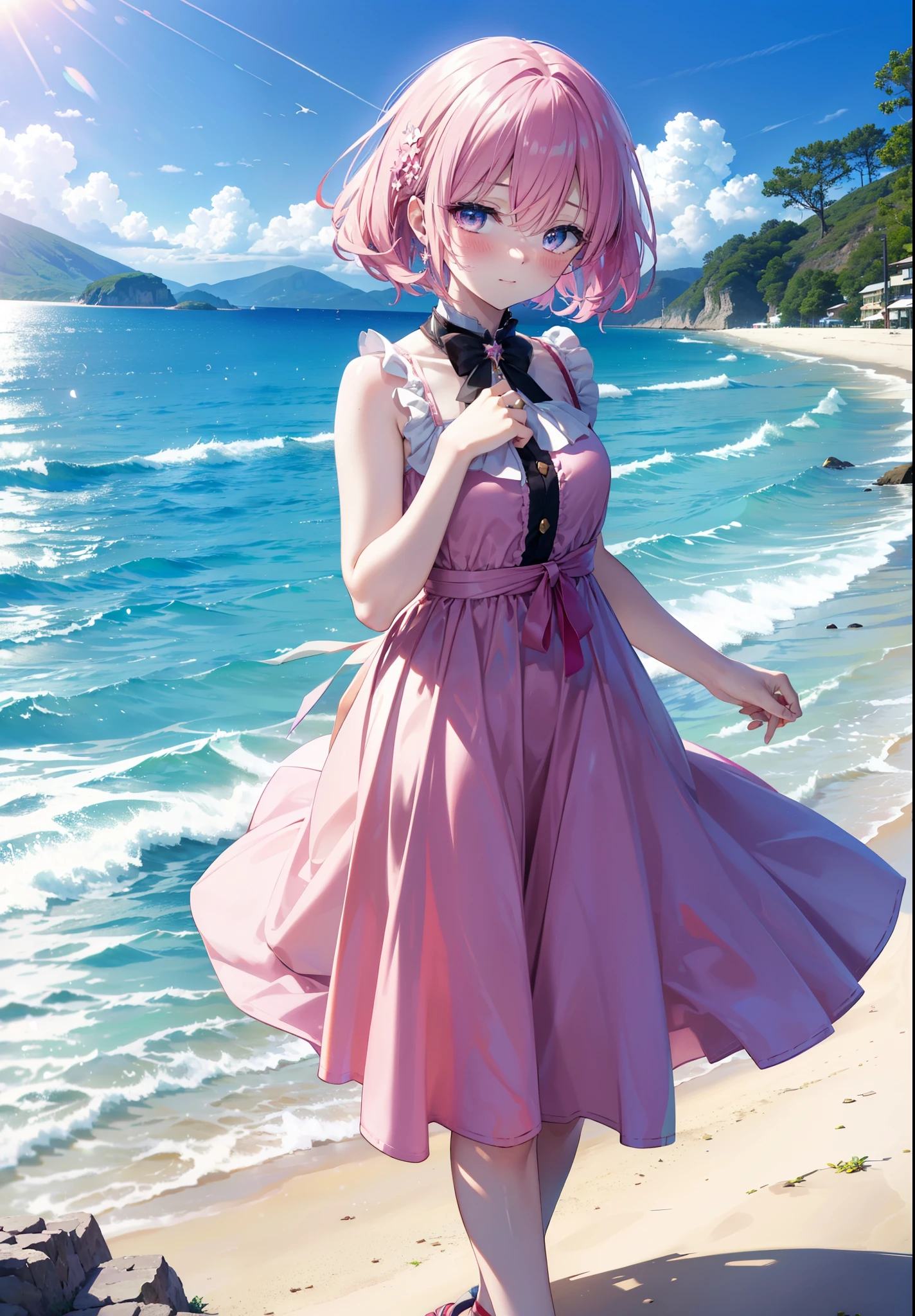 Model Luke, Momo Model Building Luke, Devil&#39;s Tail, Hair Flowers, hair ornaments, Pink Hair,(Purple eyes:1.1), smile,blush,happy smile, smile, Open your mouth,
, Sleeveless Pink Dress,Pink long skirt,Cute Sandals,walking,Real Summer,Daytime,sunny,whole bodyがイラストの中に入っていくように,
break outdoors ,Coastal Road,In town,　　　　　　　　　　　　　　break looking at viewer, whole body,
break (masterpiece:1.2), highest quality, High resolution, unity 8k wallpaper, (shape:0.8), (beautiful deしっぽed eyes:1.6), extremely deしっぽed face, Perfect lighting, extremely deしっぽed CG, (Perfect hands, Perfect Anatomy),