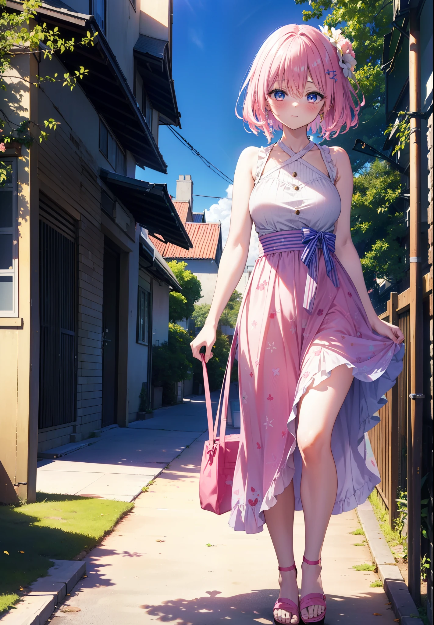 Model Luke, Momo Model Building Luke, Devil's Tail, Hair Flowers, hair ornaments, Pink Hair,(Purple eyes:1.1), smile,blush,happy smile, smile, Open your mouth,
, Sleeveless Pink Dress,Pink long skirt,Cute Sandals,walking,Real Summer,Daytime,sunny,whole bodyがイラストの中に入っていくように,
break outdoors ,Coastal Road,In town, break looking at viewer, whole body,
break (masterpiece:1.2), highest quality, High resolution, unity 8k wallpaper, (shape:0.8), (beautiful deしっぽed eyes:1.6), extremely deしっぽed face, Perfect lighting, extremely deしっぽed CG, (Perfect hands, Perfect Anatomy),