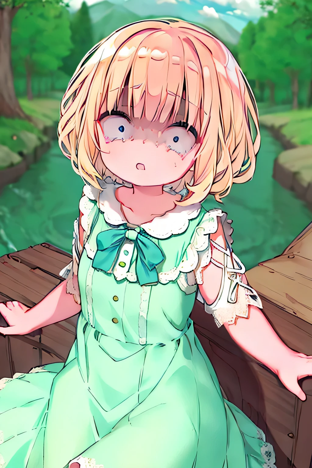1girl in, Cute, Short hair, Blue eyes, Blonde hair, Blunt bangs, Wavy Hair, Dress, depth of fields, forest, River,