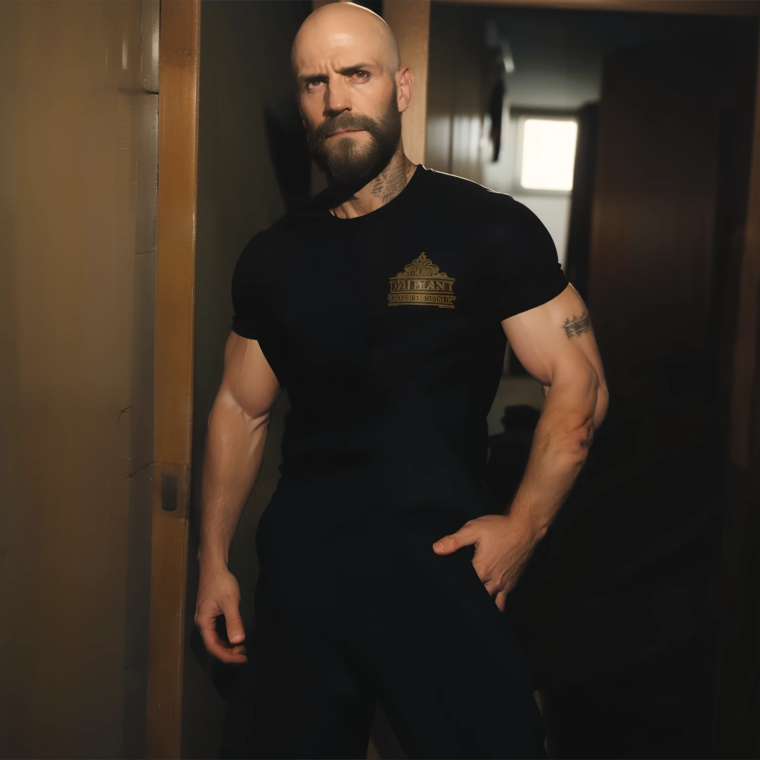 tall bald handsome man with beard, daddy, dark tattoos, lean fit body, soccer shirt, 30yo, dynamic lighting, lean body, loose cargo plants pants, character sheet, full body shot