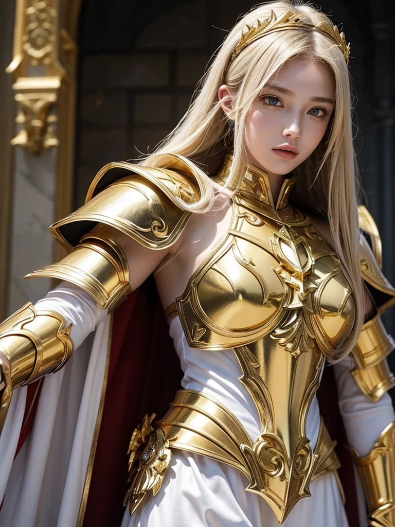 Attractive 18 year old Russian famous model, Light blonde hair, Close-up of a woman wearing only armor and a white cloak made of gold metal chains, Beautifully patterned gold armor, Sailor Galaxy, God Emperor of Mankind, She only wears golden armor, Saint Seiya, Gold Paladin, Light Gold Armor, welcome, Wearing only gold armor, Rotten metal, Wearing only shining gold armor, Gold Armor, Wearing only shining gold armor, The welcomes of gold, Charismatic, Model standing,The whole body shines like a diamond,