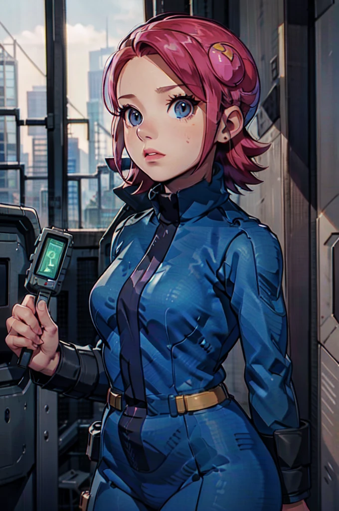 Mayl Sakurai reimagined as a vault dweller, doing maintenance in an underground vault. Her vibrant pink hair stands out against the dimly lit environment. She is a 26-year-old woman dressed in a vault dweller jumpsuit, indicative of her role in the post-apocalyptic world. The jumpsuit is worn but still functional, reflecting the harsh conditions of life underground. Her face is beautifully detailed, with expressive eyes that convey determination and intelligence. Her lips are also well-defined, adding to her overall allure.

In the vault, Mayl Sakurai is seen operating a pipboy, a wrist-worn device that serves as an essential tool and information hub for survival in the vault. The pipboy's screen emits a soft glow, illuminating Mayl's face and casting a subtle green hue on the surroundings. The details on the pipboy, from its buttons to its display, are extremely detailed, showcasing its futuristic design.

The underground vault is filled with mechanical equipment and pipes, emphasizing the importance of maintenance in this post-apocalyptic world. The atmosphere is gritty and industrial, with a hint of mystery and danger. The lighting is dim and has a hint of blue tones, enhancing the underground ambiance.

Despite the grim surroundings, Mayl Sakurai exudes confidence and strength as she jumps into action, ready to fulfill her duties as a vault dweller. Her posture and expression suggest that she is prepared to face any challenge that comes her way.

The image quality should be at its best, with 4K resolution and ultra-detailed rendering, capturing every intricate detail of the scene. The colors should be vivid, emphasizing the contrast between Mayl's vibrant pink hair and the dimly lit environment. The overall style should lean towards a post-apocalyptic concept art aesthetic, blending realism with a touch of fantasy.

In summary, the Stable Diffusion prompt for the provided theme would be:
Mayl Sakurai reimagined as a vault dweller, doing maintenance in an undergr