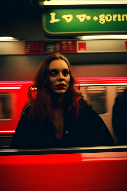 woman standing in a subway in a neon lights in a subway car, neon and cinematic lighting, cinematic neon lighting, cinematic and dramatic red light, high red lights, red lights, neon lights, by Emma Andijewska, neon lighting, atmospheric neon lighting, neon lighting on their faces, style of suspiria and neon demon, neon light, long exposure