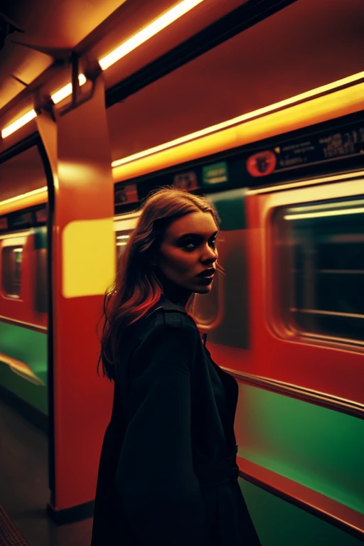 woman standing in a subway in a neon lights in a subway car, neon and cinematic lighting, cinematic neon lighting, cinematic and dramatic red light, high red lights, red lights, neon lights, by Emma Andijewska, neon lighting, atmospheric neon lighting, neon lighting on their faces, style of suspiria and neon demon, neon light, long exposure
