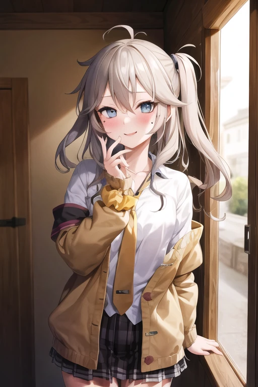 masterpiece, highest quality, High resolution,
kasukabe tsumugi, One girl, blush, put your hand on your face, alone, Open your mouth, Scrunchie, tie, Put your hand on your cheek, Upper Body, Jacket, Embarrassing, shirt, View your viewers, wrist Scrunchiewrists, Armband, wrist Scrunchie,(Mole under the eye:1.1),tooth,
smile, Open your mouth, View your viewers, blush, Upper Body, Are standing,