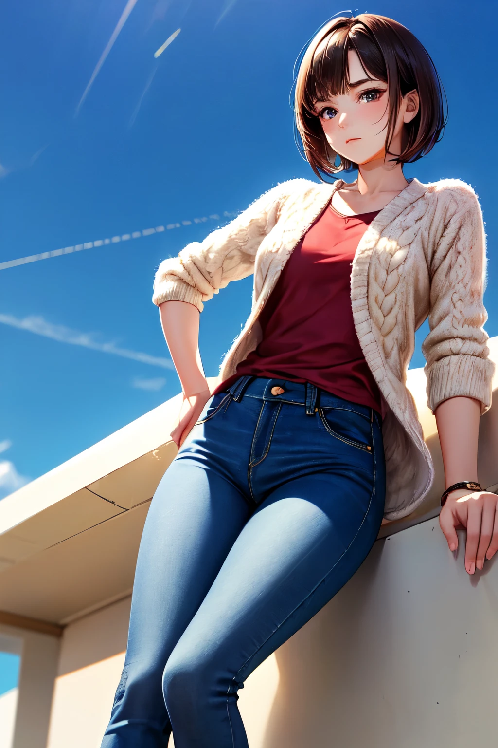 Super detailed photo of a 22 year old brunette girl with medium short loose hair, natural beauty, calm expression, strong body and medium chest, wearing woolen shoes and jeans, against a solid sky blue background.