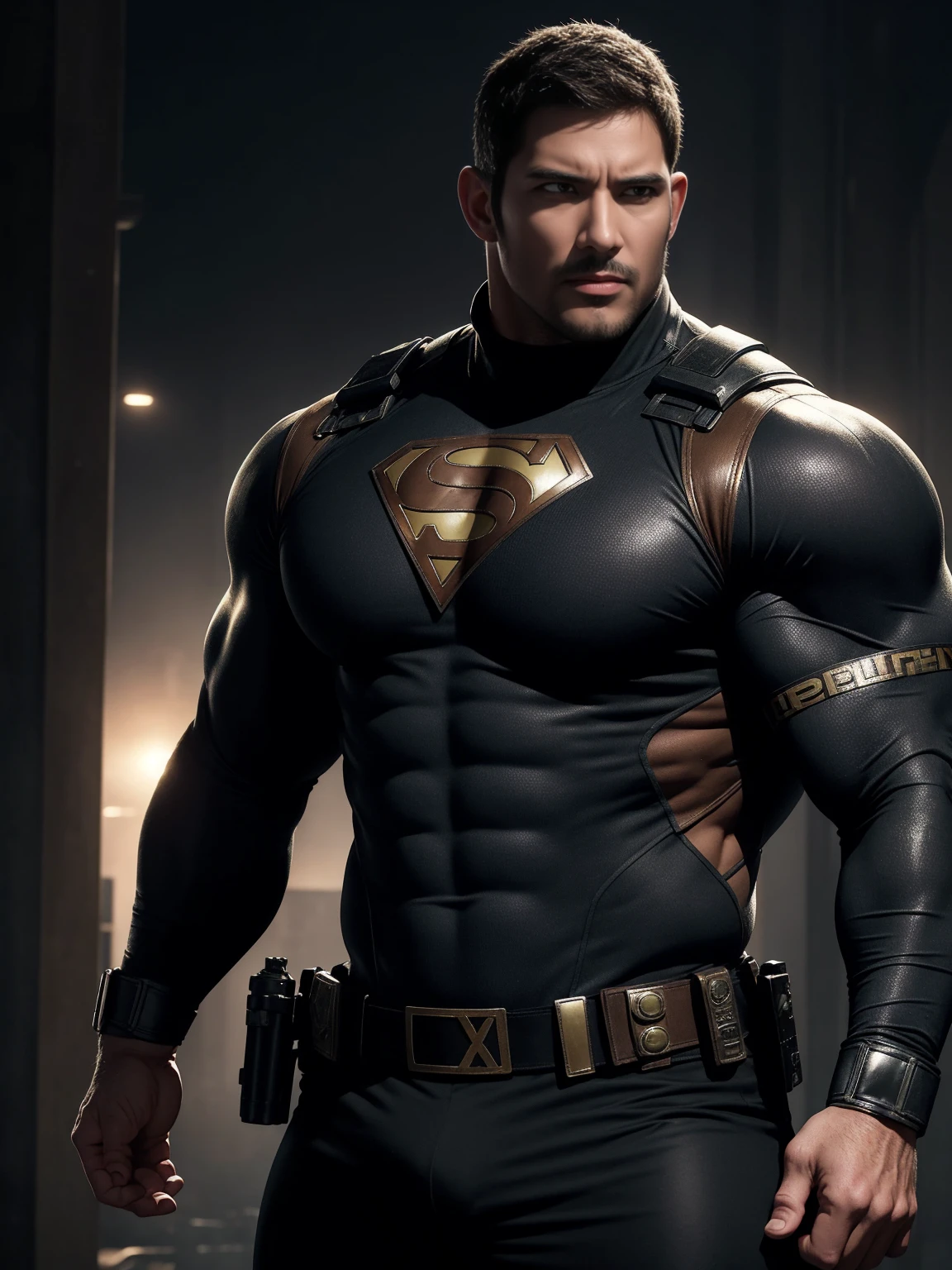One Tall giant muscular police officer, On the old-style outdoor streets, Wear a brown superhero bodysuit with long sleeves, Elastic spandex material,The expression is arrogant, Lift your chin, Messy hair, Thick thighs, Brown Superhero Bodysuit with Turtleneck and Long Sleeves, very tight, Regular symmetrical pattern, Highlight muscles, Police uniform pants, character concept(Resident Evil - Chris Redfield, Chris Redfield)A proud expression, Deep and charming eyes, Heroic male pose, tall Burly, muscular!muscular thighs, tough guy, perfect facial features, High, Burly, Heqiang, Super polished and cool, High Resolution Committee, Charismatic, The sun is blazing, dazzling