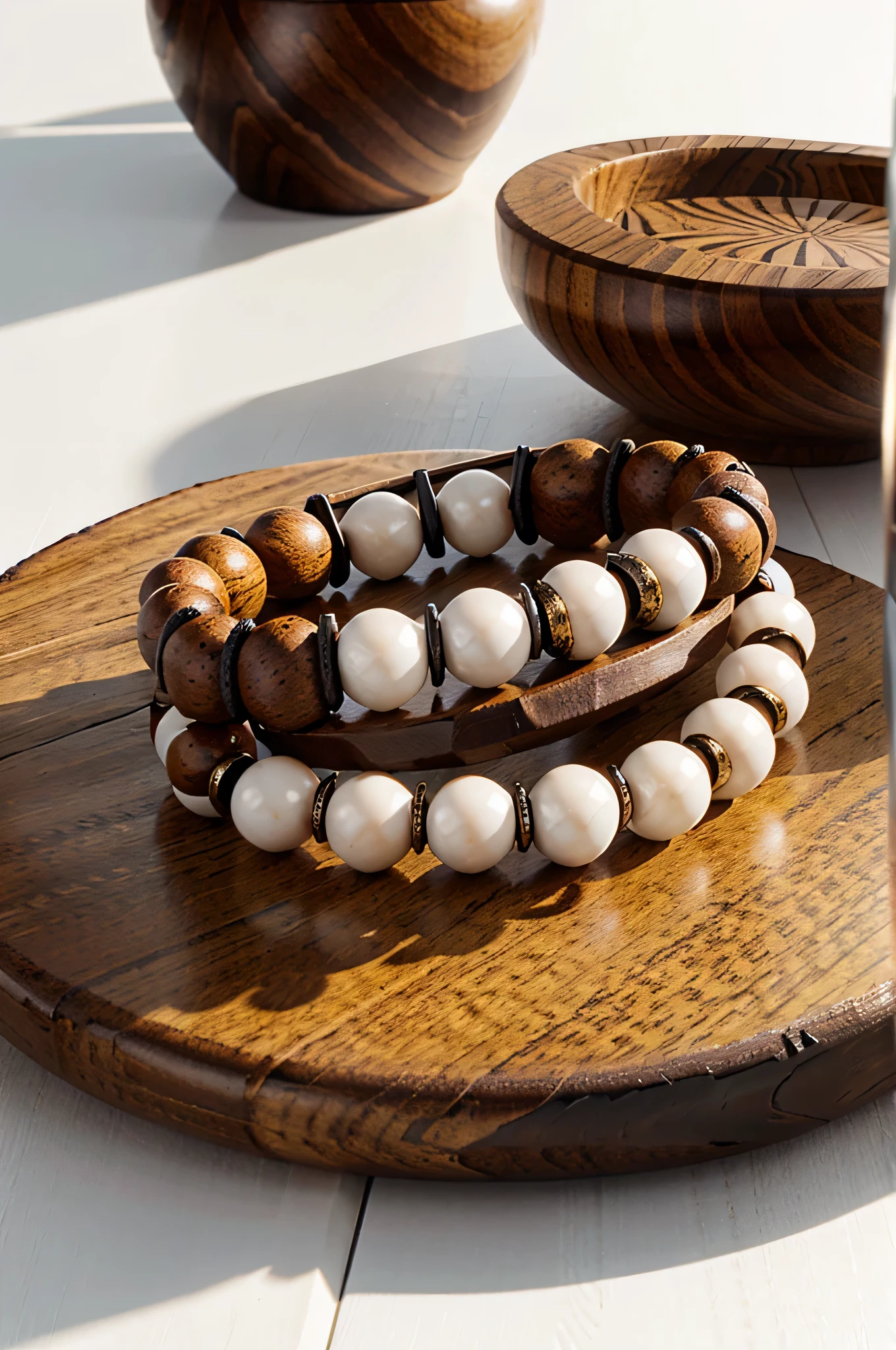 Sandalwood bracelet on the table，White background，Product renderings