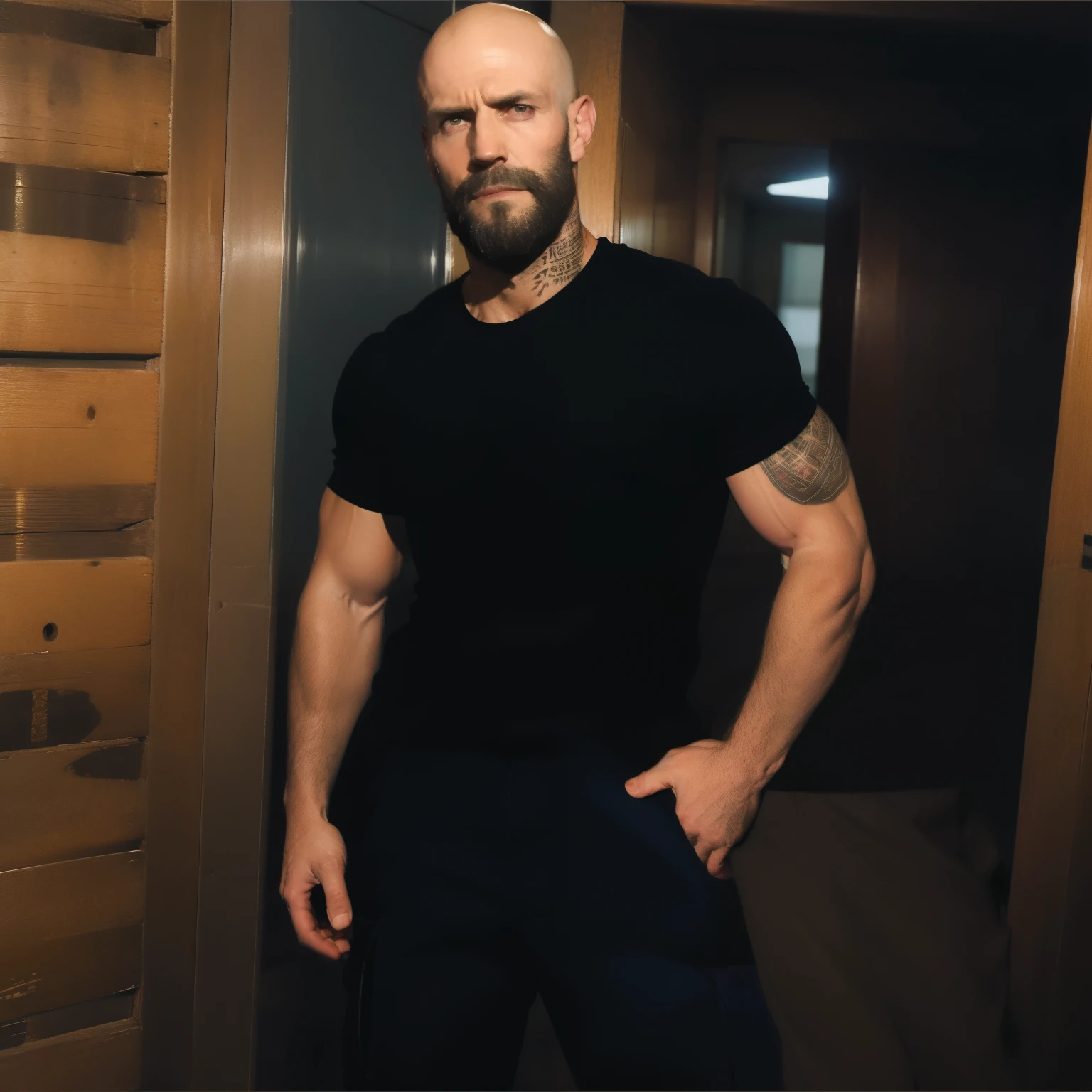 tall bald handsome man with beard, daddy, dark tattoos, lean fit body, soccer shirt, 30yo, dynamic lighting, lean body, loose cargo plants pants, character sheet, full body shot