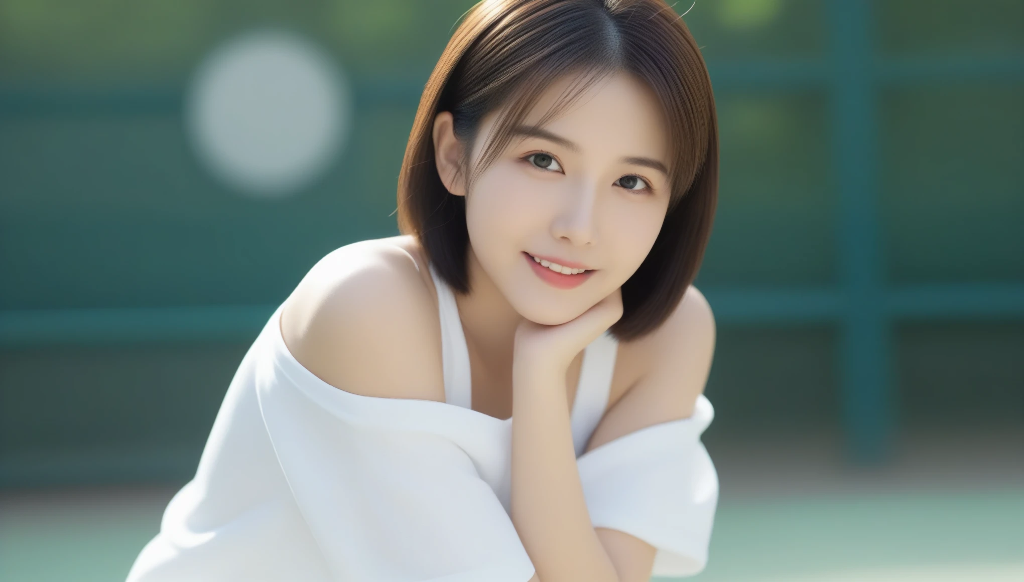 8k, Ultra-high resolution, highest quality, masterpiece, Surreal, photograph, 1 girl, (16 years old:1.3), pretty girl, Cute face, Beautiful eyes in every detail, 細かくdetailedに,masterpiece, One Girl, solo, Glowing Eyes, White sneakers, Tennis Wear, White mini skirt, White panties, White knee socks,Tennis court, (Very delicate and beautiful work), One Woman, 16 years old, (Wear a tennis uniform:1.5), ( Shoulder cut hair,(Fair skin:1.2), Bright lighting, Natural light, Realistic lighting, Nice lips、Delicate face、(Realisticな、photograph_Realistic:1.4)、((highest quality、masterpiece:1.3))、20-year-old,((Pause)),A smile full of happiness、男性を魅了するPause、short hair,セクシーなPause、See through 、Looking at the audience、beauty,Long neck、Laugh a little、Please close your mouth and laugh、(((Ideal body type))),A-cup small ??????? :2,、Portraiture:2、Perfect ???????、鮮明なdetailed、detailed、Surreal、Light and shadow,Strong light,Fashion magazine cover,Thin lips