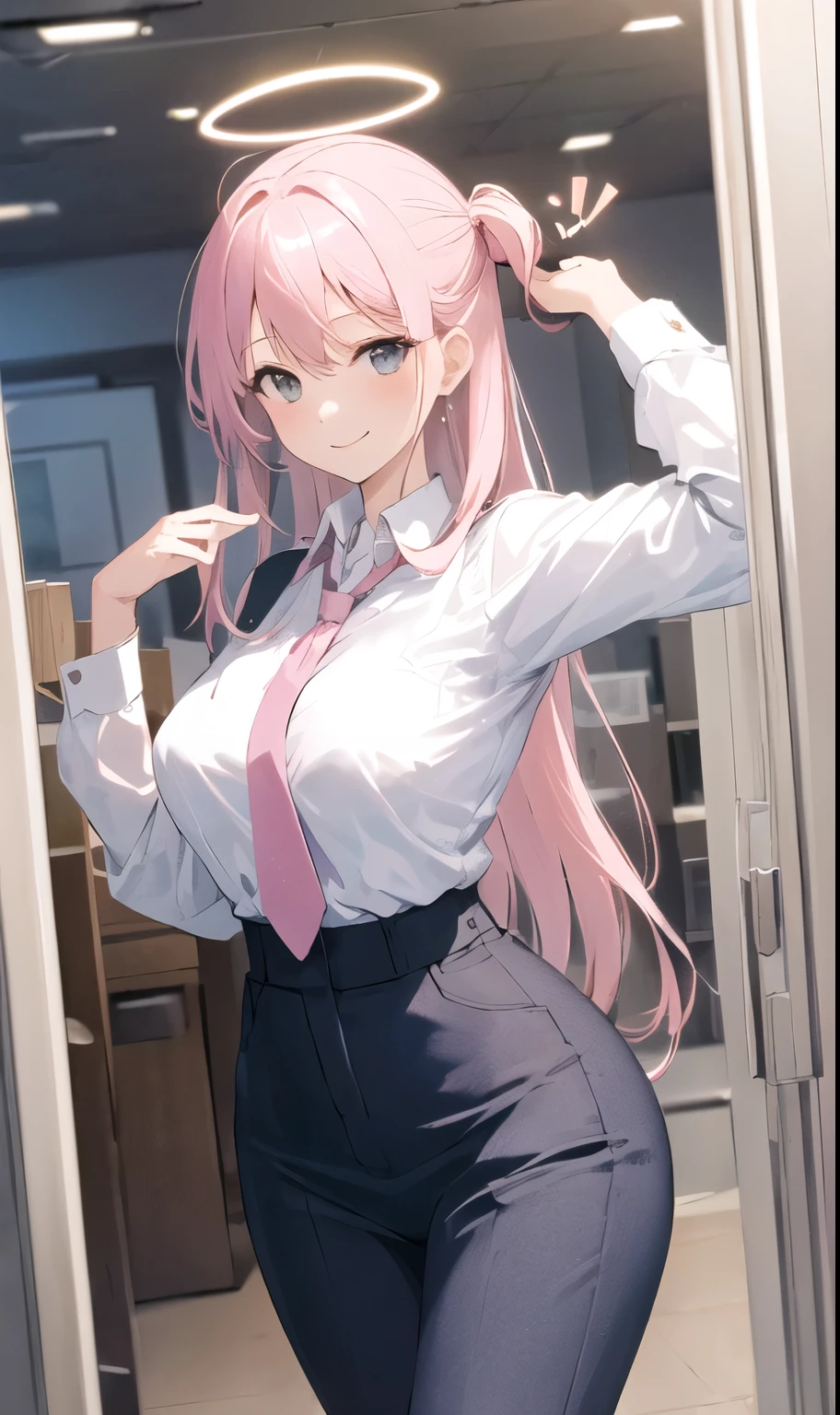 ((masterpiece, best quality)), (1 girl),((Become a)), light pink hair, Halo, trumpet, ((office lady )),Bangs,Mid-chest,(plump),Slim,Smile, [Wide hips],office,permanent, Got it \(Blue Files\),