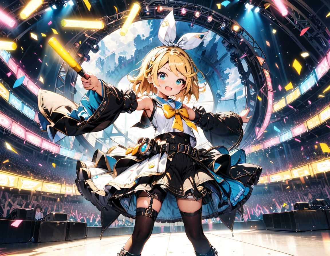 KAGAMINE RIN\(vocaloid\),solo,1female\(cute,kawaii,age of 10,KAGAMINE RIN\(vocaloid\),light yellow hair, short hair,red tattoo of numbers"02" on shoulder,(big white bow),sleeveless white shirt,detached black arm bell sleeves,(arm sleeves are black bell sleeves:1.2),belt,sailor collar,yellow wide tie,white headphones,black short pants,black knee high leg warmers,yellow key strap at belt,open shoulder,singing and dancing,(very cute pose:1.5),(korean idol pose:1.5),dynamic pose,(cute big smile),looking away\), BREAK ,background\((live stage),colorful confetti,pastel color spotlights,(many colorful music notes),(many audience waving yellow glow sticks:1.4),\), BREAK ,quality\(8k,wallpaper of extremely detailed CG unit, masterpiece,hight resolution,top-quality,top-quality real texture skin,hyper realisitic,increase the resolution,RAW photos,best qualtiy,highly detailed,the wallpaper,cinematic lighting,ray trace,golden ratio\),RIN is so so cute,dynamic angle,long shot,wide shot,(aerial view:0.8)