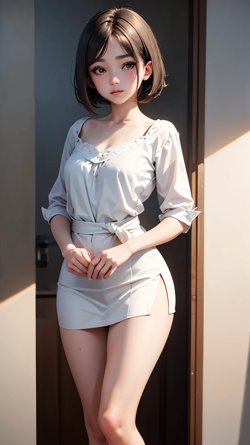 short hair, 前髪のあるshort hair, Woman with pretty face,Cute little face, French Bob, White skin, 短い茶色の髪とBig eyes, Soft Portrait Shot 8k, Beautiful light、Big eyes, Beautiful woman, Young woman with bob cut, Full body shot,Best image quality, Tabletop, Leonardo da Vinci&#39;s Notebooks Da Vinci, Leonardo da Vinci&#39;s manuscript in the background,show off your thin legs,