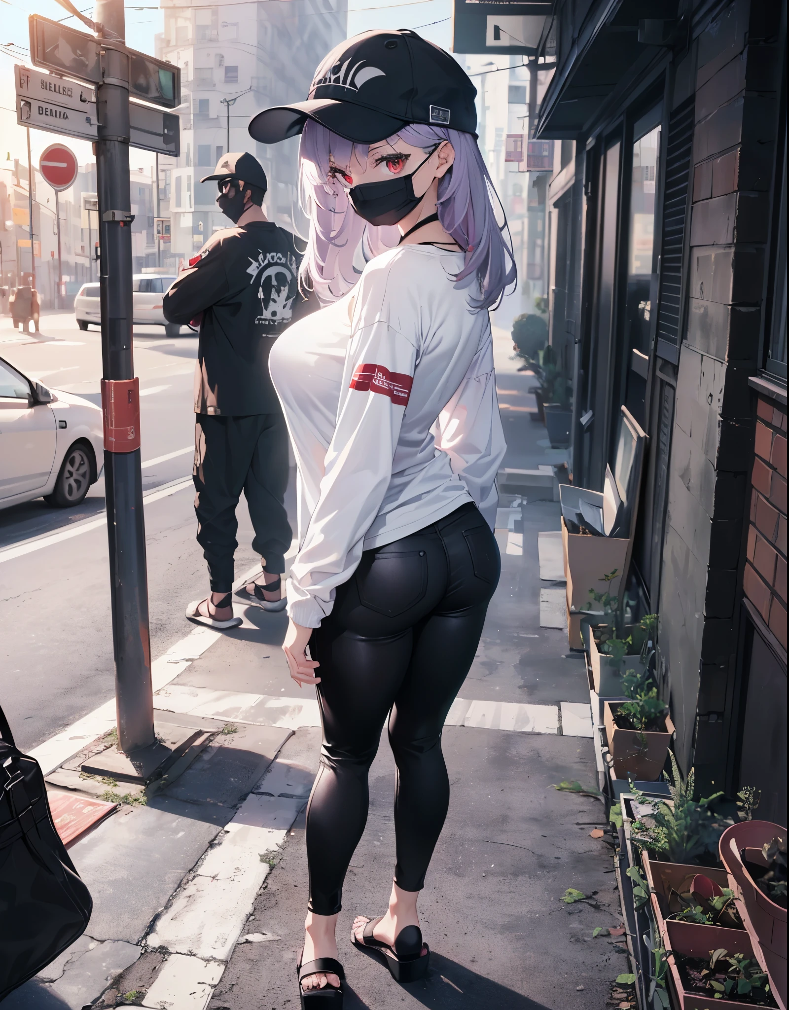 (Close-up:1.3),Realistic,highest quality, Super detailed, High-quality CG rendering, The most delicate and beautiful, Floating softly, High resolution, (1 female), (highest quality,4K,8k,masterpiece:1.2), Light purple hair,Long Hair,Red eyes,(Slightly larger breasts:1.5),(White oversized long sleeve T-shirt:1.3),(All black pants:1.3),(White cap:1.3),In the city,old buildings,(Black Mask:1.4),(whole body:1.3),(Sandals:1.2),(Are standing:1.3),(Turn your back to your audience:1.3),Ass,Small black shoulder bag