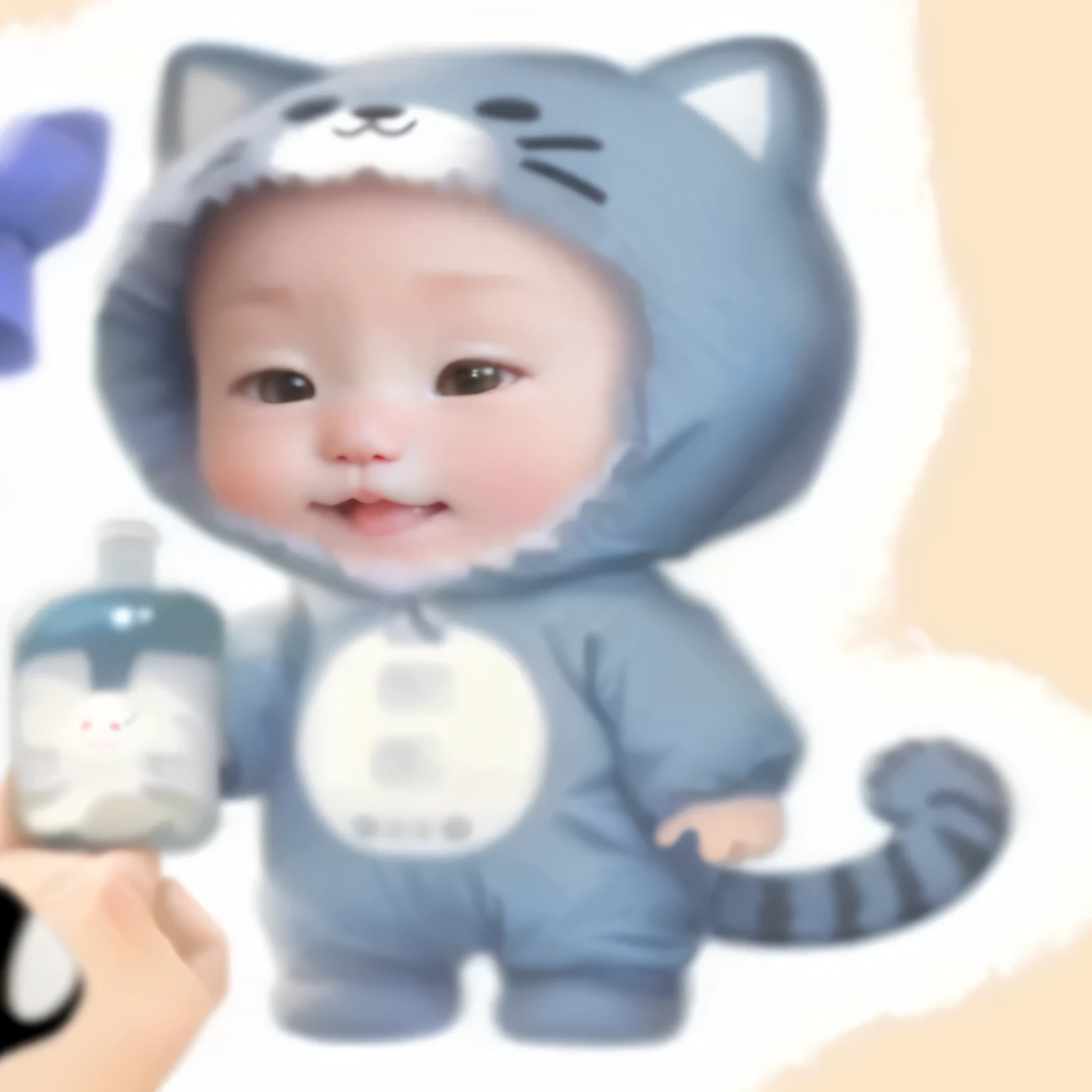 a close up of a baby in a cat costume holding a bottle, smol, jimin, ruan cute vtuber, jaeyeon nam, jia, (((luke chueh))), bo chen, kim jung giu, taejune kim, cartoonish cute, shin jeongho, smileeeeeee, very very low quality picture, very cute and childlike