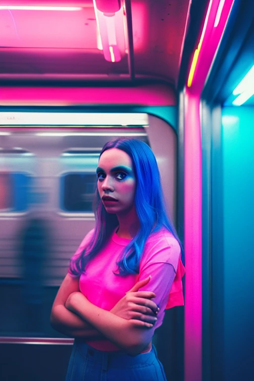 woman standing in a subway in a neon lights in a subway car, blue and pink and cinematic lighting, cinematic blue and pink lighting, cinematic and dramatic blue and pink light, high blue and pink lights, blue and pink lights, blue and pink neon lights, by Emma Andijewska, red lighting, atmospheric blue and pink lighting, blue and pink lighting on their faces, style of suspiria and neon demon, blue and pink neon, blue and pink light, long exposure