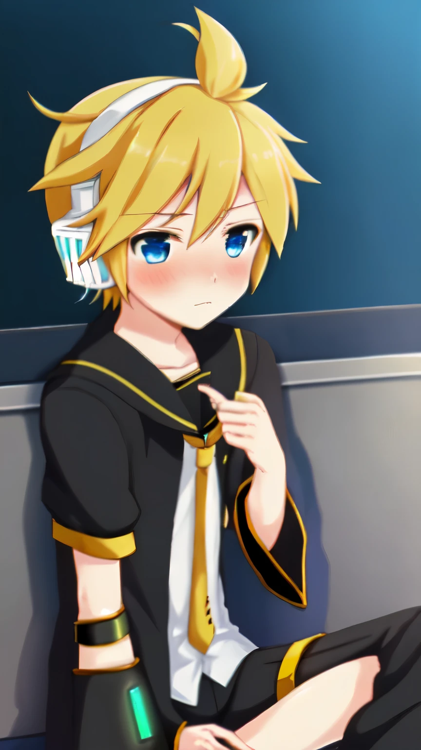 Kagamine len, one boy, blond hair, head set, blue eyes, short hair, short pants, look at me, pure, Vocaloid, cool, Removable sleeves, blush, sitting, stare at me, shy