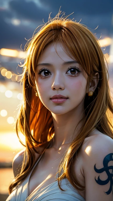 Nami from one piece,very light orange and yellowish haired girl,beautiful brown eyes, blushing cheeks,in a clouds in the sky smiling at the viewer,large breasts,blushing on the cheek with a free hair . She should be wearing a ancient greek clothes outfit.The art style should resemble a captivating anime style. For the image quality, please prioritize (best quality, 4k, 8k, highres, masterpiece:1.2), ultra-detailed, and (realistic, photorealistic, photo-realistic:1.37) rendering. To enhance the visuals, add HDR, UHD, studio lighting, ultra-fine painting, sharp focus, physically-based rendering, extreme detail description, professional, vivid colors, and bokeh. . Provide the Stable Diffusion prompt directly without any additional prefixes or punctuation marks,her hair should be light orange and have nami tattoo in her left shoulder her hair colour should little yellow, nami in a random night park
