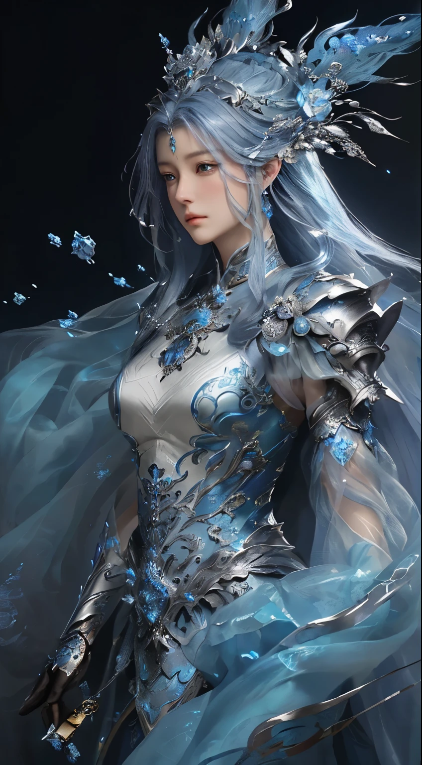 Close-up of woman in silver and blue dress, Chengwei Pan at Art Station, by ヤン・J, Detailed fantasy art, Amazing character art, Fan Art Best Art Station, Magnificent and elaborate character art, Beautiful Armor, Highly detailed art gems, Detailed digital anime art, artgerm の artstation pixiv, Girl in Armor